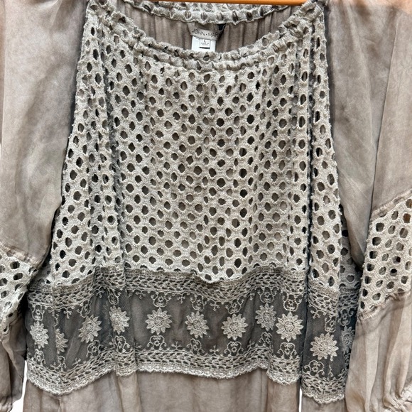 John Mark Boho Lace Crochet Tunic Top Mineral Wash Artsy Taupe Womens Large - Picture 5 of 9